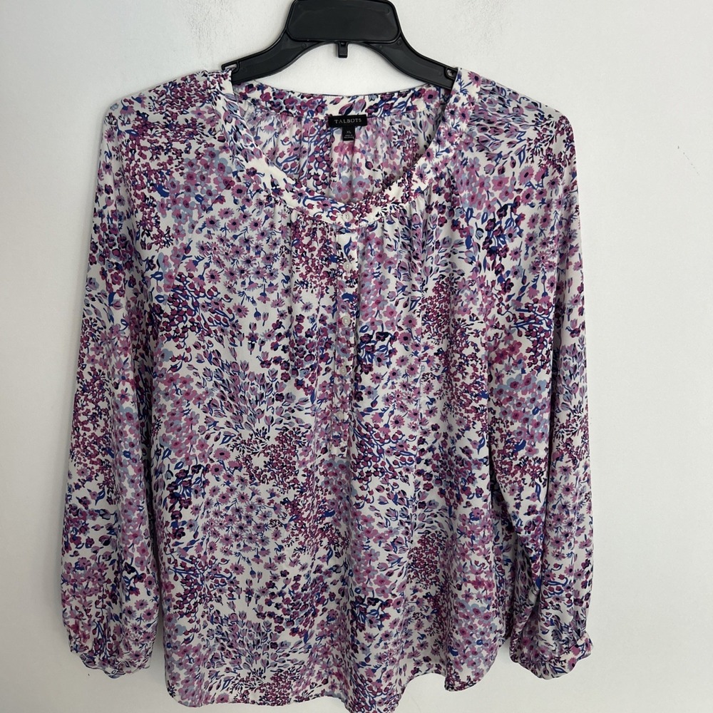 Talbots Women's XL Long Sleeve Half Button Up Floral Garden Pink Blue Blouse